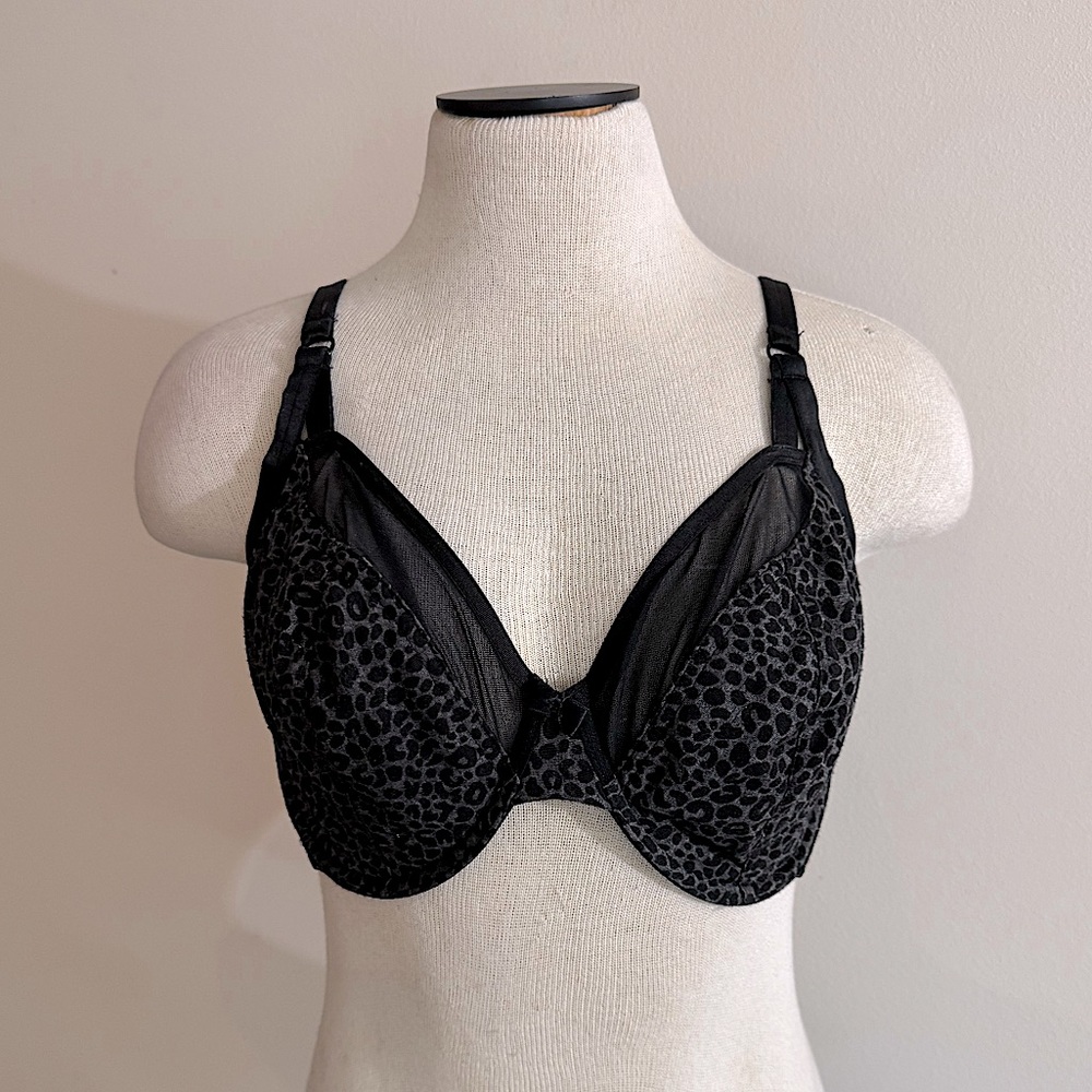 Gilligan & O’Malley Black Leopard Animal Print Sheer Mesh Bra 38DD NWOT